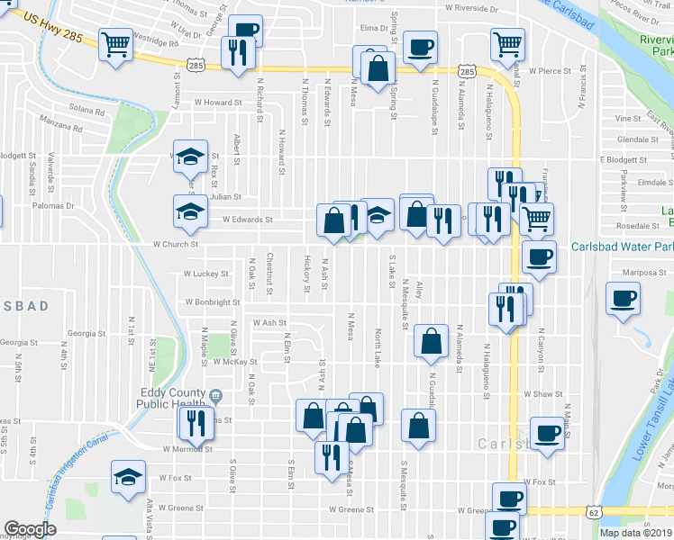 map of restaurants, bars, coffee shops, grocery stores, and more near 701 North Mesa Street in Carlsbad