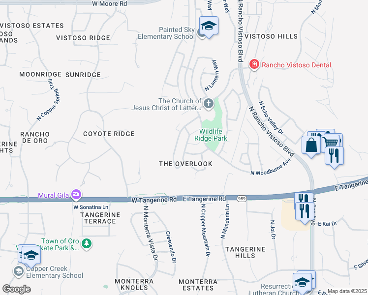 map of restaurants, bars, coffee shops, grocery stores, and more near 12164 North Kylene Canyon Drive in Oro Valley