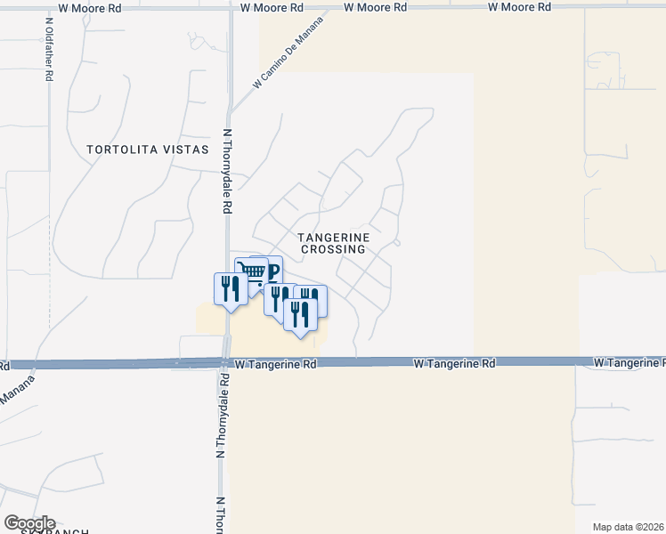 map of restaurants, bars, coffee shops, grocery stores, and more near 3517 West Tail Feather Drive in Marana