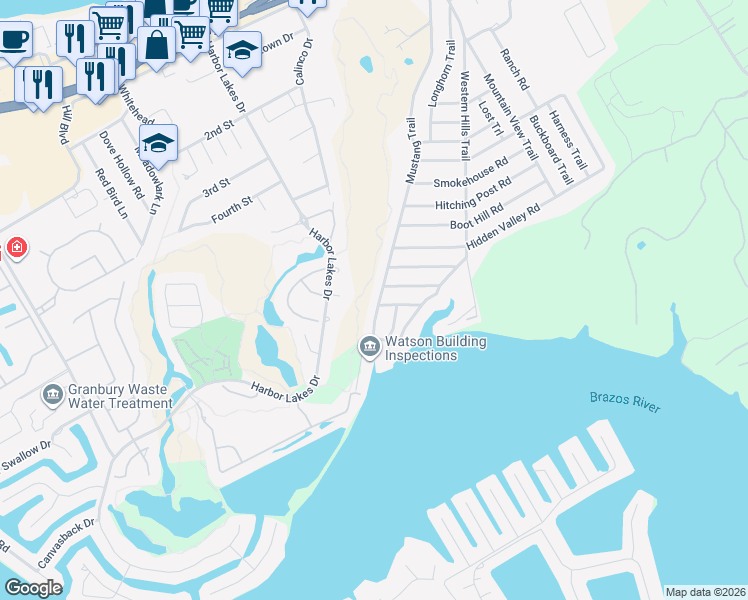 map of restaurants, bars, coffee shops, grocery stores, and more near 1017 Mustang Trail in Granbury