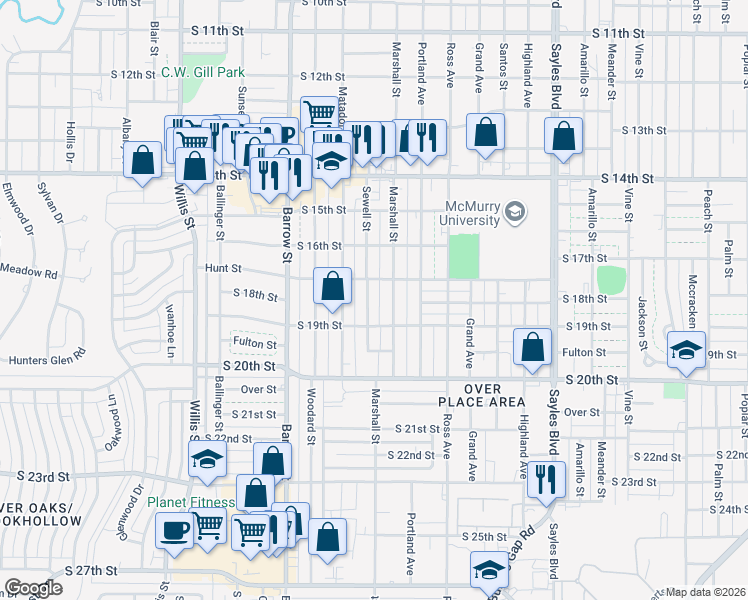 map of restaurants, bars, coffee shops, grocery stores, and more near 1833 Sewell Street in Abilene