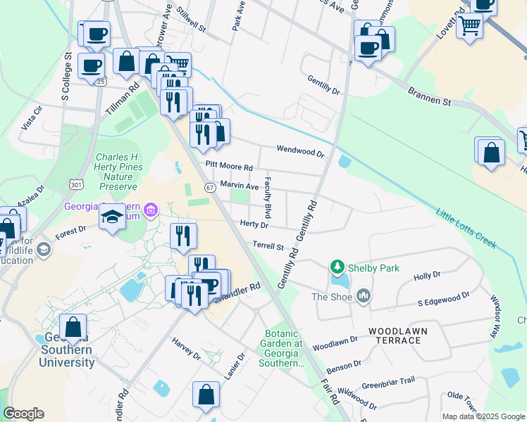 map of restaurants, bars, coffee shops, grocery stores, and more near 404 Catherine Avenue in Statesboro