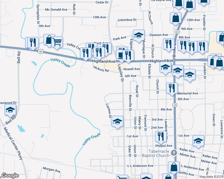 map of restaurants, bars, coffee shops, grocery stores, and more near 2105 Summerfield Road in Selma
