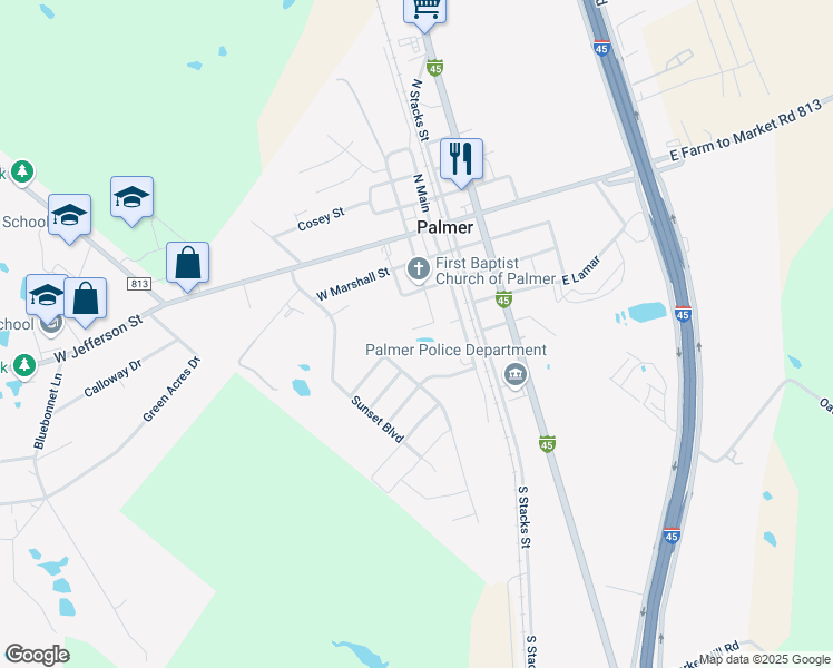 map of restaurants, bars, coffee shops, grocery stores, and more near 211 West Lamar Street in Palmer