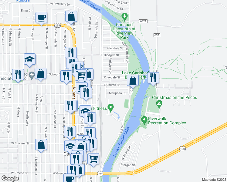 map of restaurants, bars, coffee shops, grocery stores, and more near 304 Mariposa Street in Carlsbad