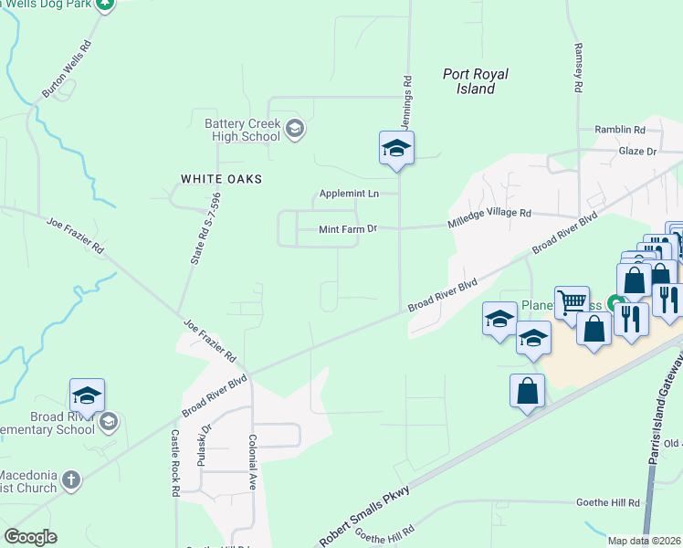map of restaurants, bars, coffee shops, grocery stores, and more near 11 Spearmint Circle in Beaufort