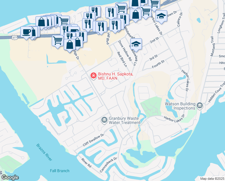 map of restaurants, bars, coffee shops, grocery stores, and more near 1404 Joshua Way in Granbury