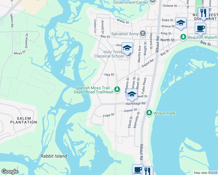map of restaurants, bars, coffee shops, grocery stores, and more near 120 North Hermitage Road in Beaufort