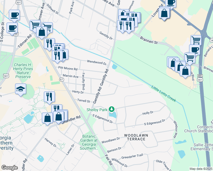map of restaurants, bars, coffee shops, grocery stores, and more near 106 Rogers Court in Statesboro