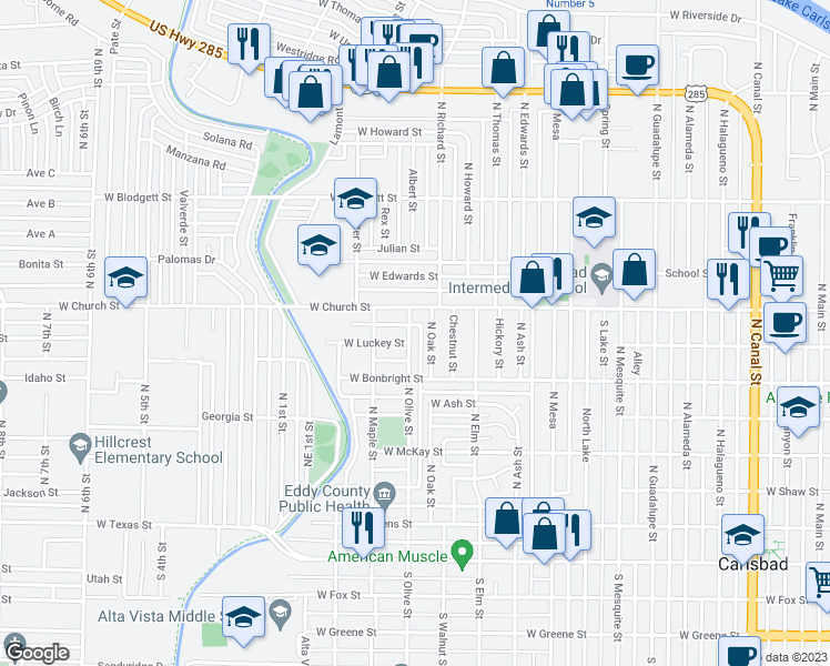 map of restaurants, bars, coffee shops, grocery stores, and more near 704 North Olive Street in Carlsbad