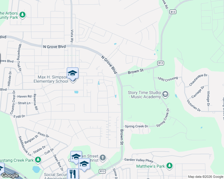 map of restaurants, bars, coffee shops, grocery stores, and more near 1582 Harrison Circle in Waxahachie