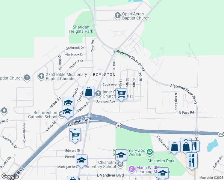 map of restaurants, bars, coffee shops, grocery stores, and more near 400 Cook Avenue in Montgomery