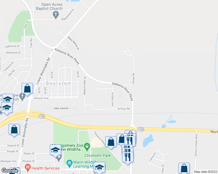 map of restaurants, bars, coffee shops, grocery stores, and more near 1024 North Gap Loop in Montgomery