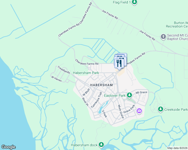 map of restaurants, bars, coffee shops, grocery stores, and more near 58 Harford in Beaufort