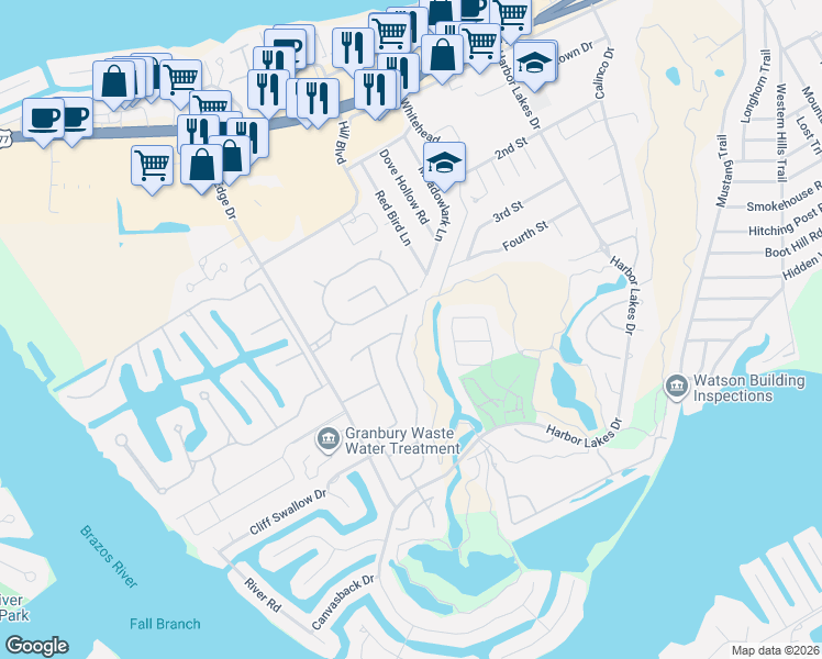 map of restaurants, bars, coffee shops, grocery stores, and more near 1506 Joshua Way in Granbury