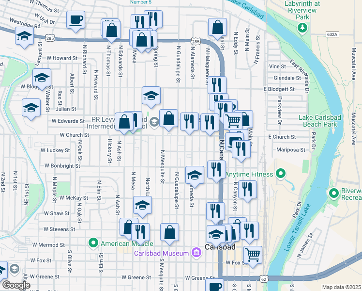 map of restaurants, bars, coffee shops, grocery stores, and more near 706 North Guadalupe Street in Carlsbad