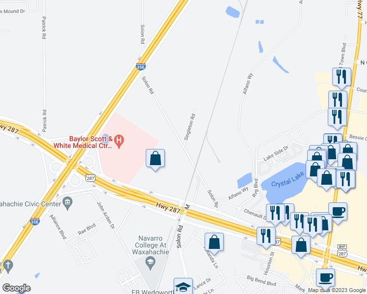 map of restaurants, bars, coffee shops, grocery stores, and more near 101 Singleton Drive in Waxahachie