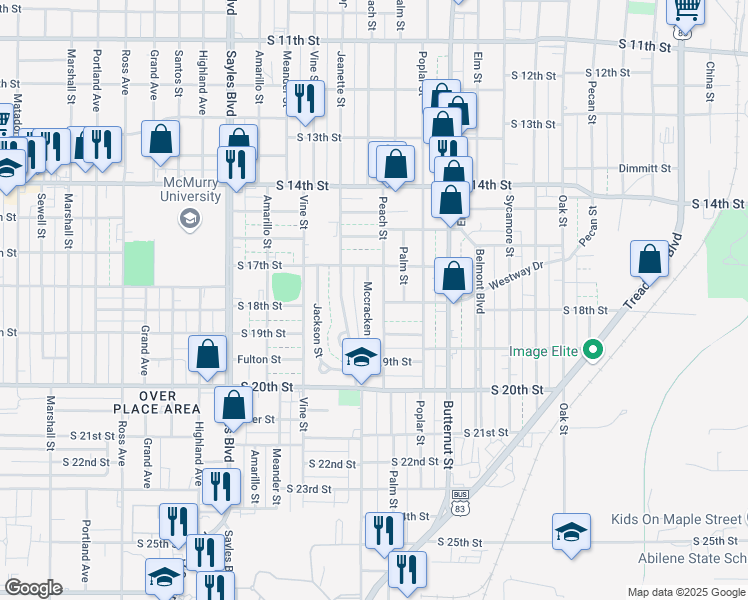 map of restaurants, bars, coffee shops, grocery stores, and more near 1749 Mccracken Street in Abilene