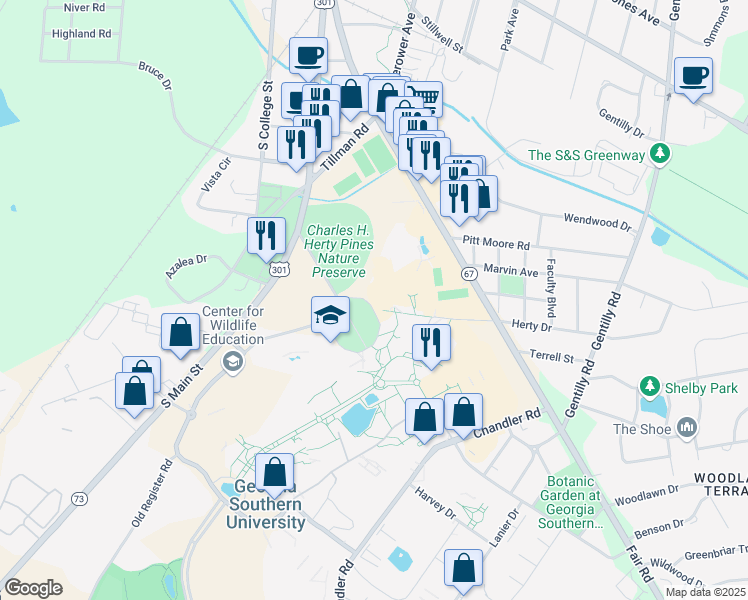 map of restaurants, bars, coffee shops, grocery stores, and more near 2434 Southern Drive in Statesboro