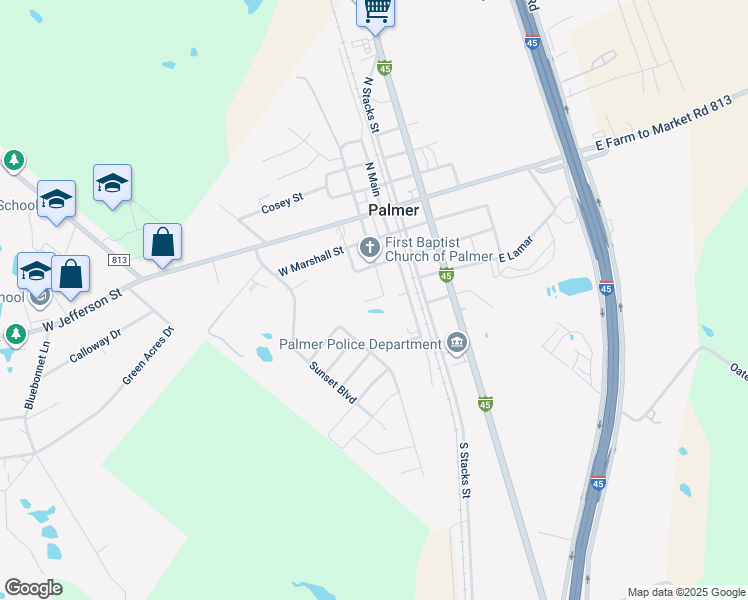 map of restaurants, bars, coffee shops, grocery stores, and more near 207 West Lamar Street in Palmer