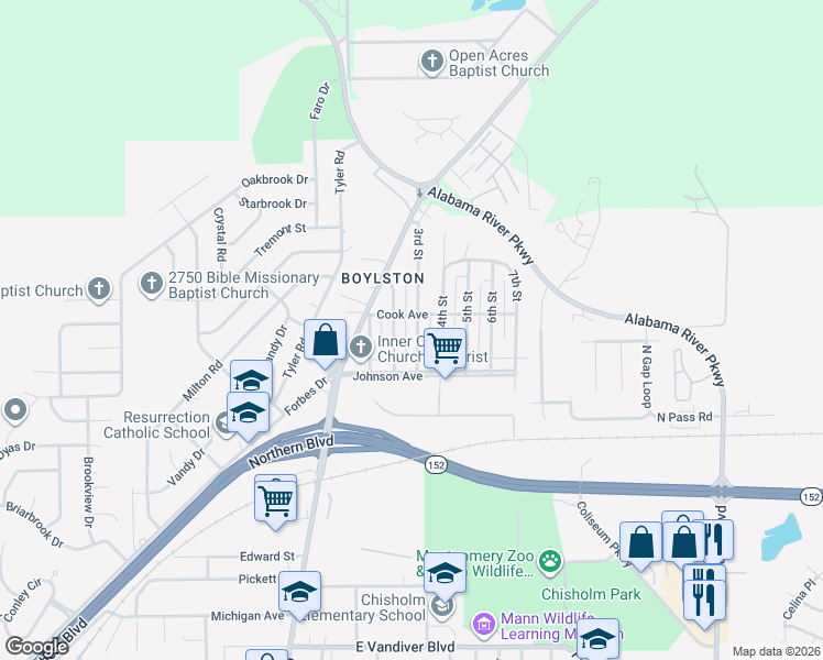 map of restaurants, bars, coffee shops, grocery stores, and more near 400 Cook Avenue in Montgomery