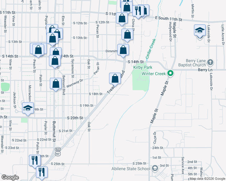 map of restaurants, bars, coffee shops, grocery stores, and more near 1739 South Treadaway Boulevard in Abilene