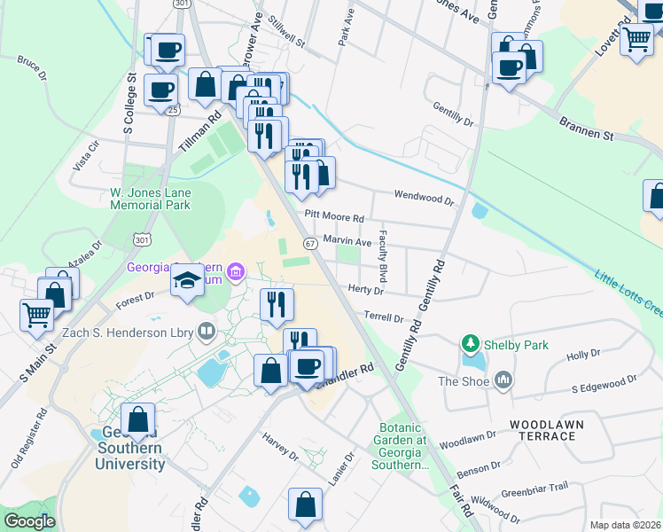 map of restaurants, bars, coffee shops, grocery stores, and more near 104 Catherine Avenue in Statesboro