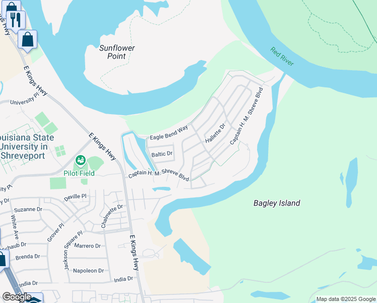 map of restaurants, bars, coffee shops, grocery stores, and more near 178 Hallette Drive in Shreveport