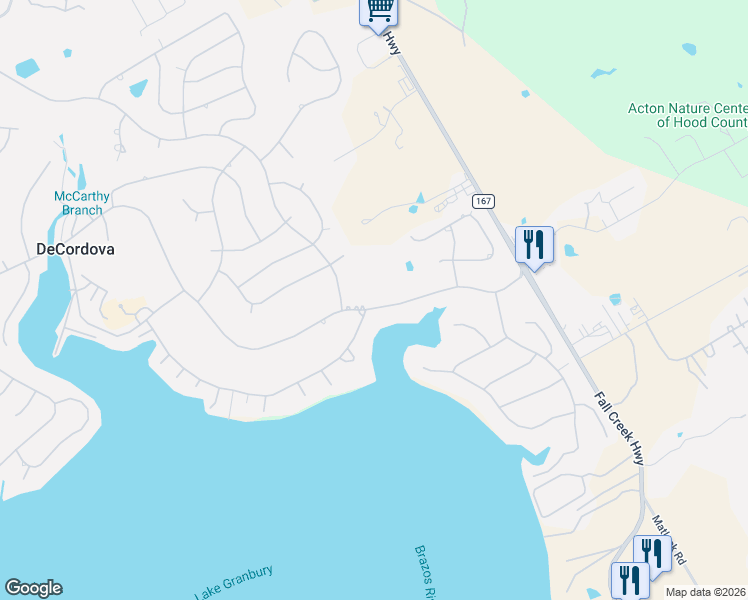 map of restaurants, bars, coffee shops, grocery stores, and more near 3804 Fairway Drive in Granbury