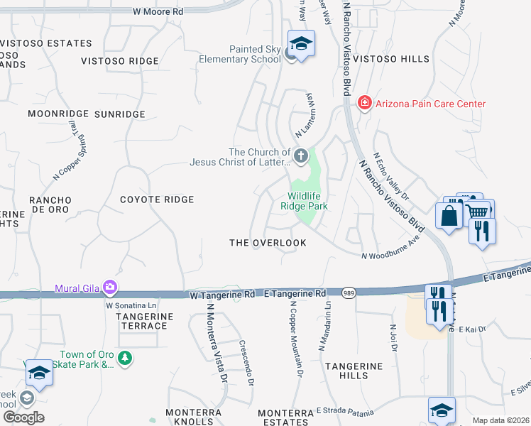 map of restaurants, bars, coffee shops, grocery stores, and more near 12237 North Makayla Canyon Drive in Oro Valley