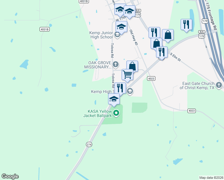 map of restaurants, bars, coffee shops, grocery stores, and more near 15150 Tolosa Road in Kemp