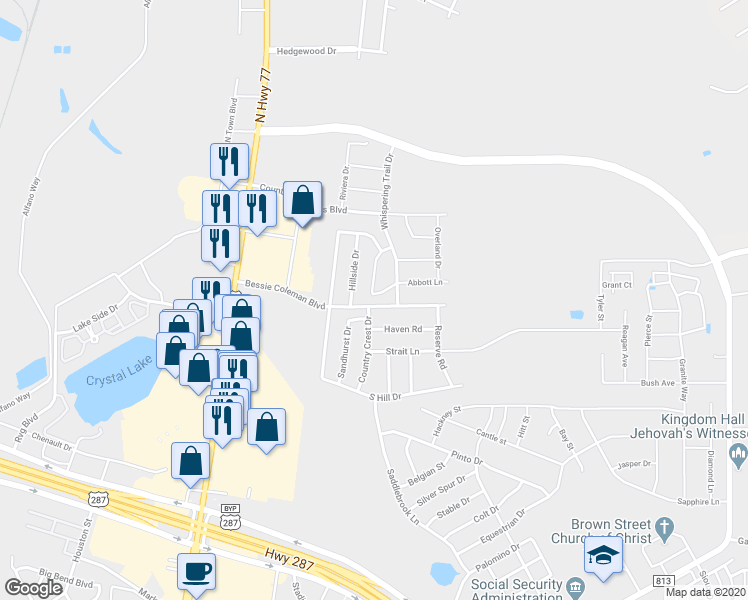 map of restaurants, bars, coffee shops, grocery stores, and more near 1601 Country Hills Drive in Waxahachie