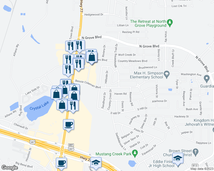 map of restaurants, bars, coffee shops, grocery stores, and more near 1600 Hillside Drive in Waxahachie