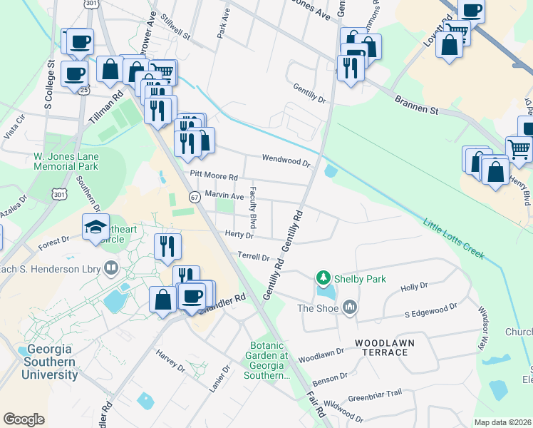 map of restaurants, bars, coffee shops, grocery stores, and more near 214 Henderson Street in Statesboro