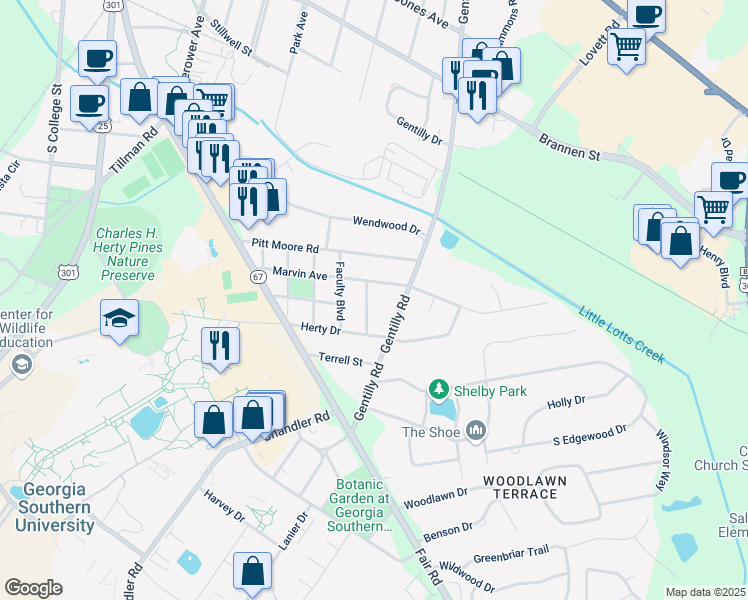 map of restaurants, bars, coffee shops, grocery stores, and more near 213 Henderson Street in Statesboro