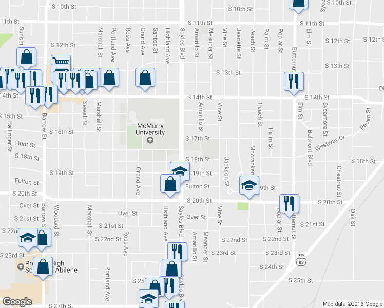 map of restaurants, bars, coffee shops, grocery stores, and more near 1741 Sayles Blvd in Abilene