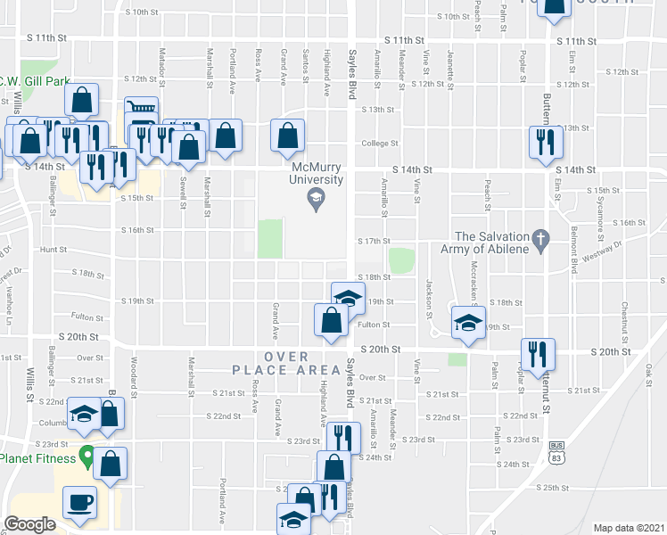map of restaurants, bars, coffee shops, grocery stores, and more near 2165 Hunt Street in Abilene