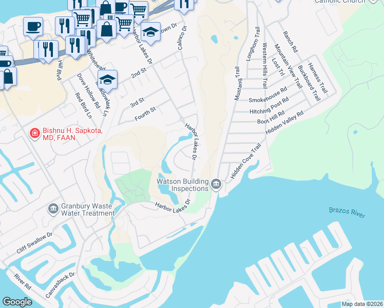 map of restaurants, bars, coffee shops, grocery stores, and more near 1707 Troon Court in Granbury