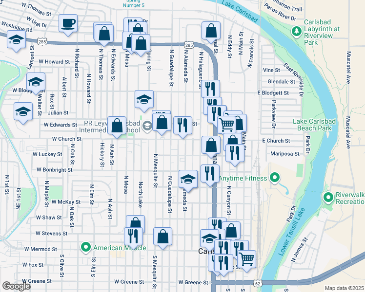 map of restaurants, bars, coffee shops, grocery stores, and more near 709 North Alameda Street in Carlsbad