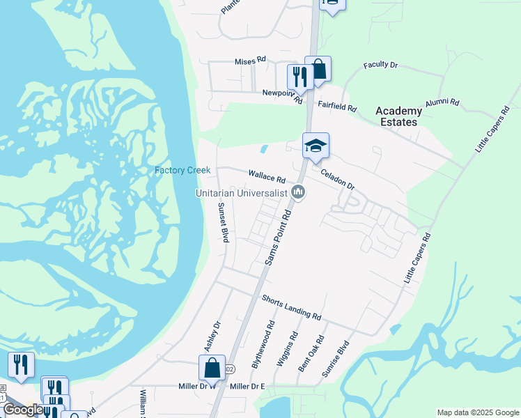 map of restaurants, bars, coffee shops, grocery stores, and more near 3730 Sage Drive in Beaufort