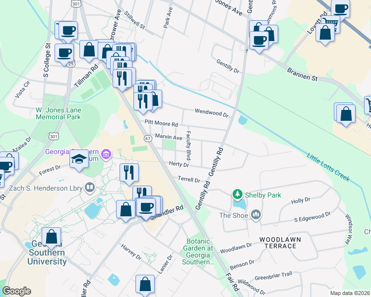 map of restaurants, bars, coffee shops, grocery stores, and more near 402 Marvin Avenue in Statesboro