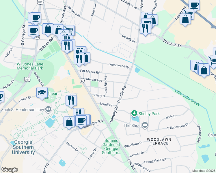 map of restaurants, bars, coffee shops, grocery stores, and more near 205 Faculty Boulevard in Statesboro