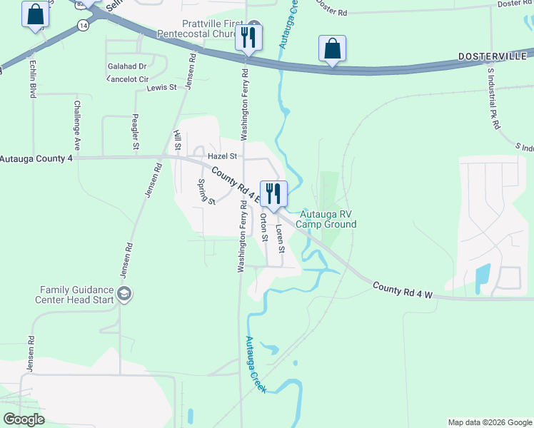 map of restaurants, bars, coffee shops, grocery stores, and more near 422 County Road 4 East in Prattville
