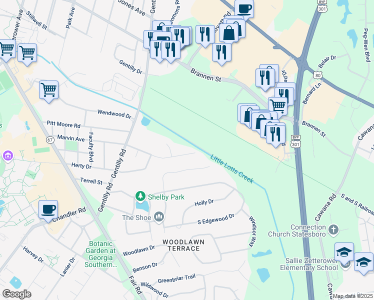 map of restaurants, bars, coffee shops, grocery stores, and more near 317 Rogers Road in Statesboro