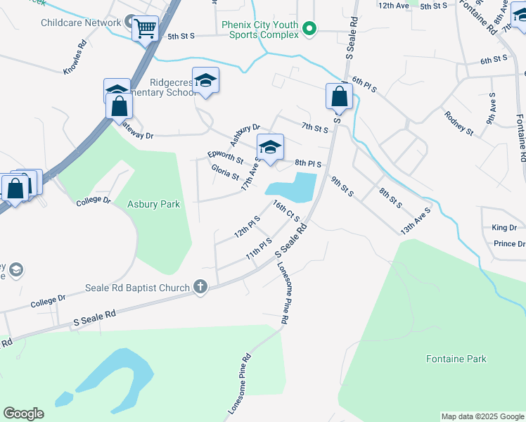 map of restaurants, bars, coffee shops, grocery stores, and more near 1700-1704 12th Place South in Phenix City