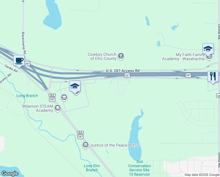 map of restaurants, bars, coffee shops, grocery stores, and more near 2050 Conquest Boulevard in Waxahachie