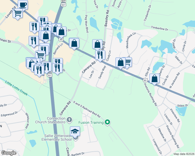 map of restaurants, bars, coffee shops, grocery stores, and more near 115 Sandy Way in Statesboro