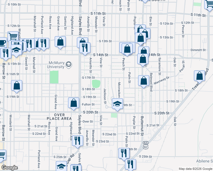 map of restaurants, bars, coffee shops, grocery stores, and more near 1733 Jackson Street in Abilene