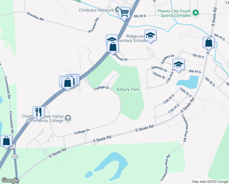 map of restaurants, bars, coffee shops, grocery stores, and more near 2619 College Drive in Phenix City