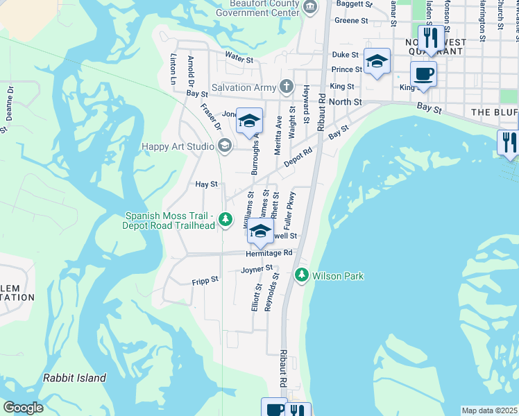 map of restaurants, bars, coffee shops, grocery stores, and more near 167 James Street in Beaufort